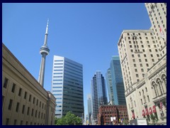 Toronto Financial District 67 - Front St with Union Station, CN Tower and Royal York Hotel